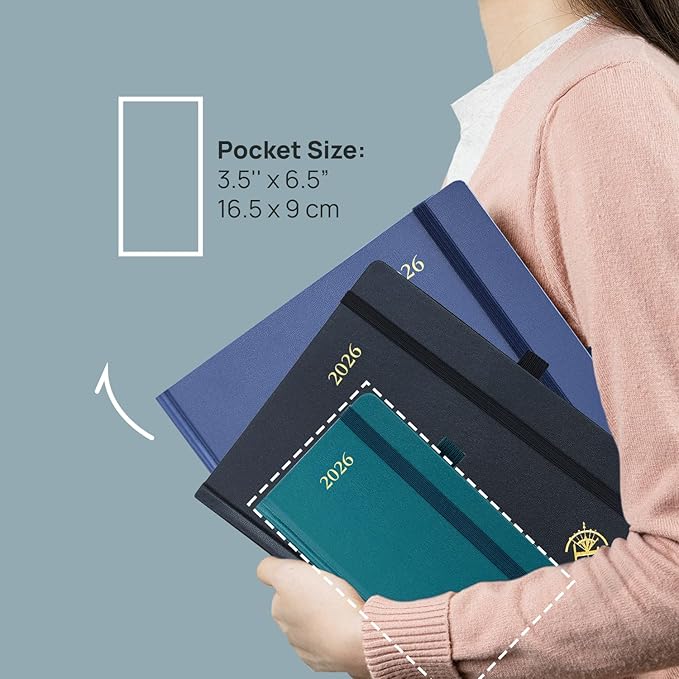 POPRUN 2026 Pocket Calendar Planner (Mini Size-3.5" x 6.5" Hardcover),12 Months (Jan. - Dec. 2026) - Small Planner Weekly and Monthly for Purse with Pen Holder, Storage Pocket- Pacific Green