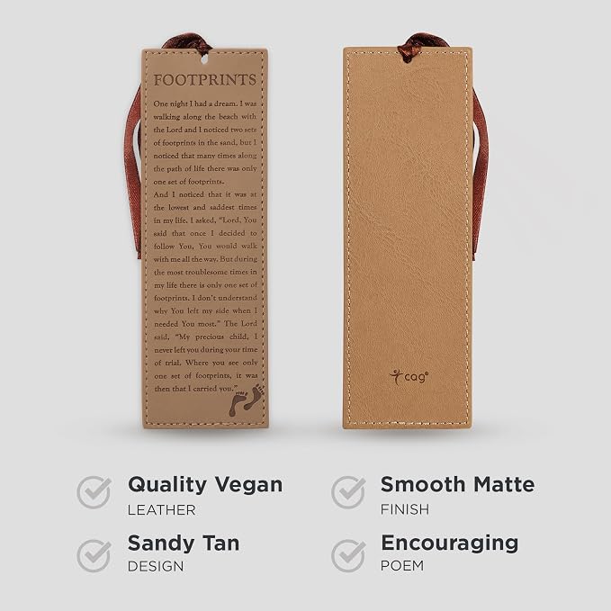 Christian Art Gifts Vegan Faux Leather Scripture Bookmark for Men and Women: Footprints in The Sand - Inspirational Poem Heat-Debossed, Faith-Based Reading Book Accessory with Ribbon Tassel, Brown