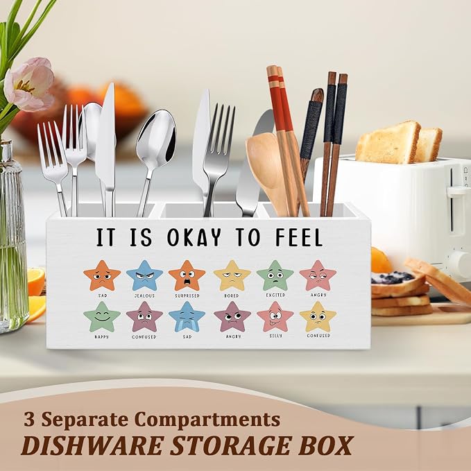 WODMIS Mental Health Classroom Pen Pencil Holder for Desk, It Is Okay to Feel Emotions Chart Wooden Box Organizer Decorations for Classroom Therapy School Counselor Office Desk Accessories Tabletop