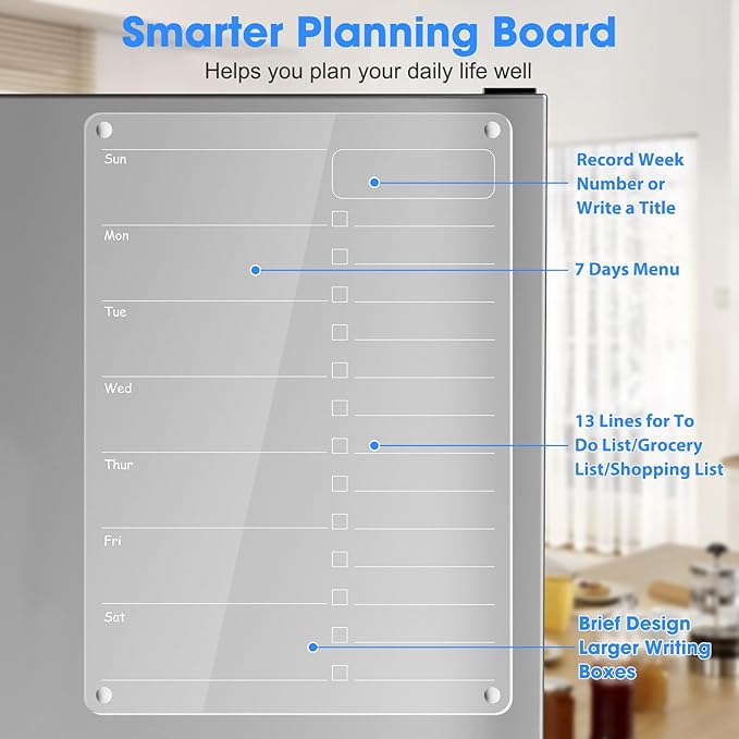 Acrylic Meal Planner Magnetic Menu Board for Kitchen Fridge Planning Board Grocery to Do List Shopping List w/ 8 Markers, Clear Weekly Calendar for Refrigerator Dry Erase Board, 12x9’’