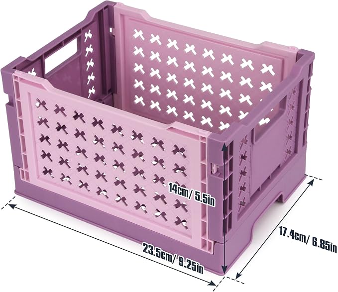 Domiella 2-Pack Foldable High-Strength PP Ventilated Baskets - Collapsible Storage Bins for Kitchen, Camping, Office & Home, Wear Resist Indoor Outdoor Organizer, Small Black-Purple & Pink-Purple