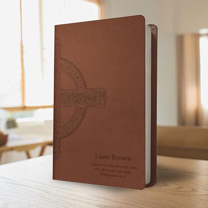 Personalized NLT Thinline Bible Faux Leather Large Print Size with Celtic Cross Design | Custom with Name, Date or Text | Gift for Religious Celebrations | Brown