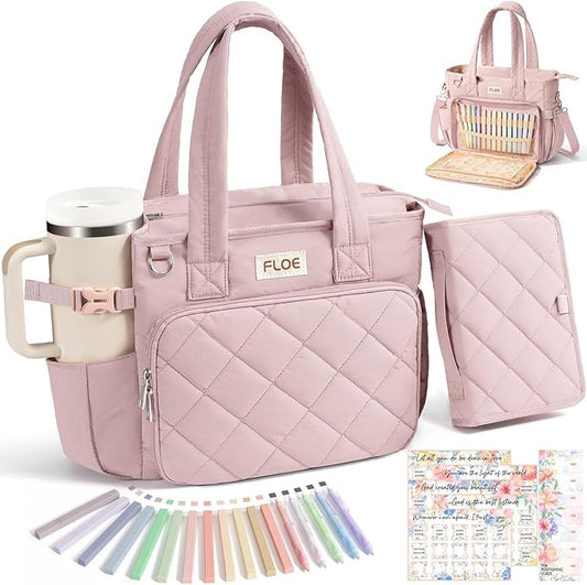 Large Bible Bag w/Bible Cover Case for Women, Puffer Bible Tote Bag Quilted Church Bag Carrying Case w/Shoulder Strap, Bible Study Supplies Journaling Kit Accessories Women Christian Mothers Day Gifts