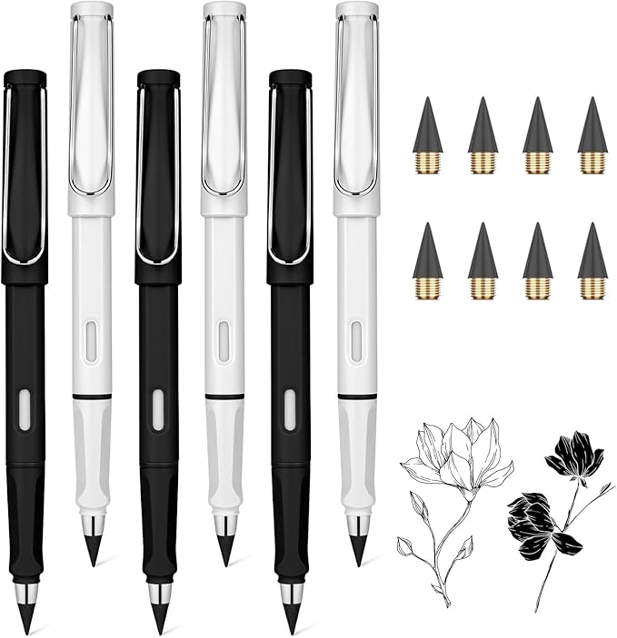 Ainiv Inkless Pencil Forever Pencil, 6 Sets Infinity Pencil Everlasting Pencil with Eraser, Reusable Infinite Pencil with Extra 6 Replaceable Nibs, Endless Pencil for Home Office School Supplies