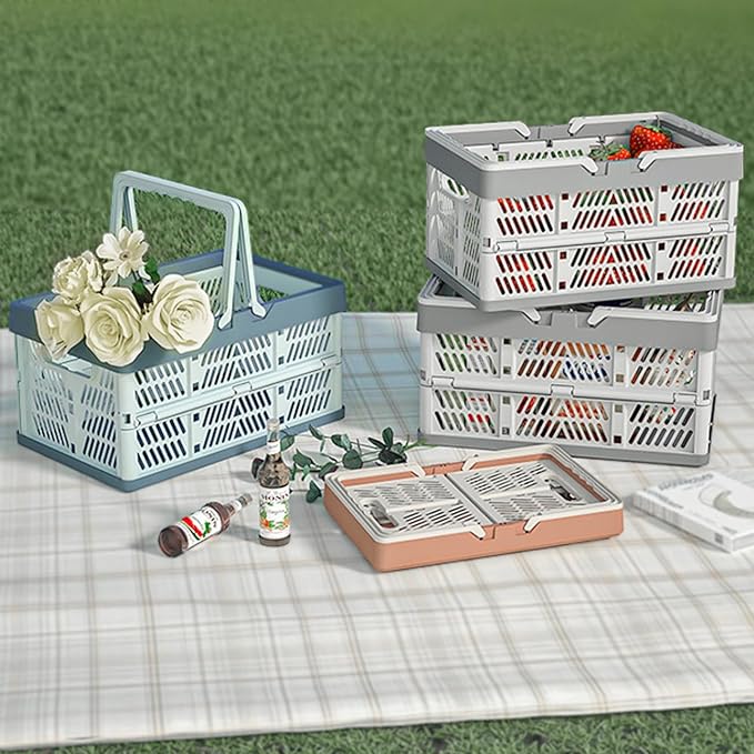 Plastic Storage Crate - 20L Collapsible Crate Stacking Folding Storage Basket - Sky Blue & Gray Blue M