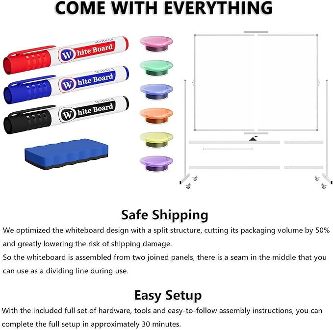 Large Rolling Whiteboard on Wheels, 60" x 48" Double-Sided Mobile White Board with Stand, 5' x 4' Portable Standing Magnetic Dry Erase Board Easel for Home Office Classroom School, Silver