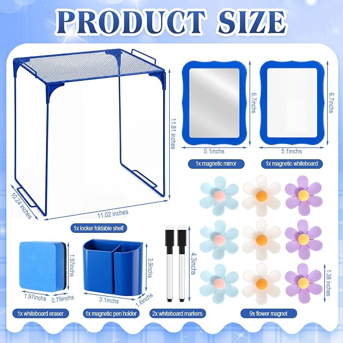 Colarr 16 Pcs Dark Blue Locker Accessories for Girls Includes Magnetic Whiteboard & Mirror Locker Shelf Pen Holder 2 Dry Erase Marker & Eraser 9 Flowers for Back to School Essentials Decoration
