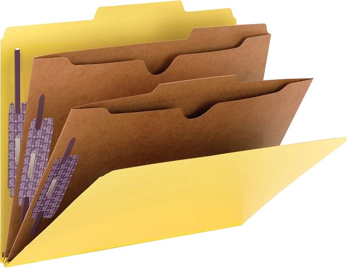 Smead Pressboard Classification File Folder with SafeSHIELD Fasteners, 2 Pocket Dividers, 2" Expansion, Letter Size, Yellow, 10 per Box (14084)