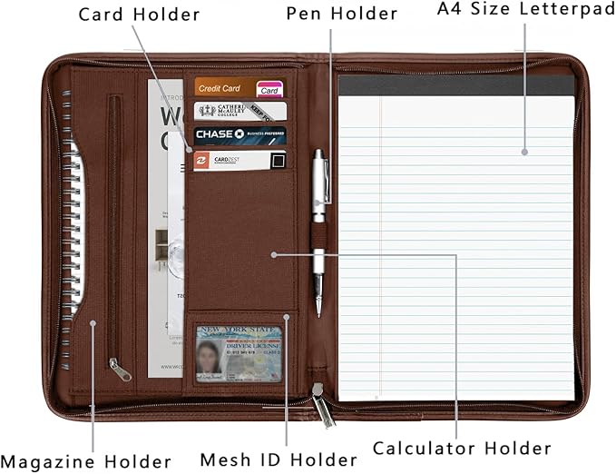 Zippered Portfolio Organizer/ A4 Refillable Lined Writing Notepad Folder Case/Fabric-Covered Padfolio Binder with Interior Storage Pocket for Men Women.Brown