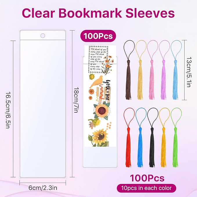 200 PCS Clear Bookmark Sleeves, Blank Bookmark Holder Sleeves with Tassels, Photo Booth Sleeves with Hole, Book Marker Cover for Reading, Office, Wedding, Gift Tags, 7 x 2.3 inches