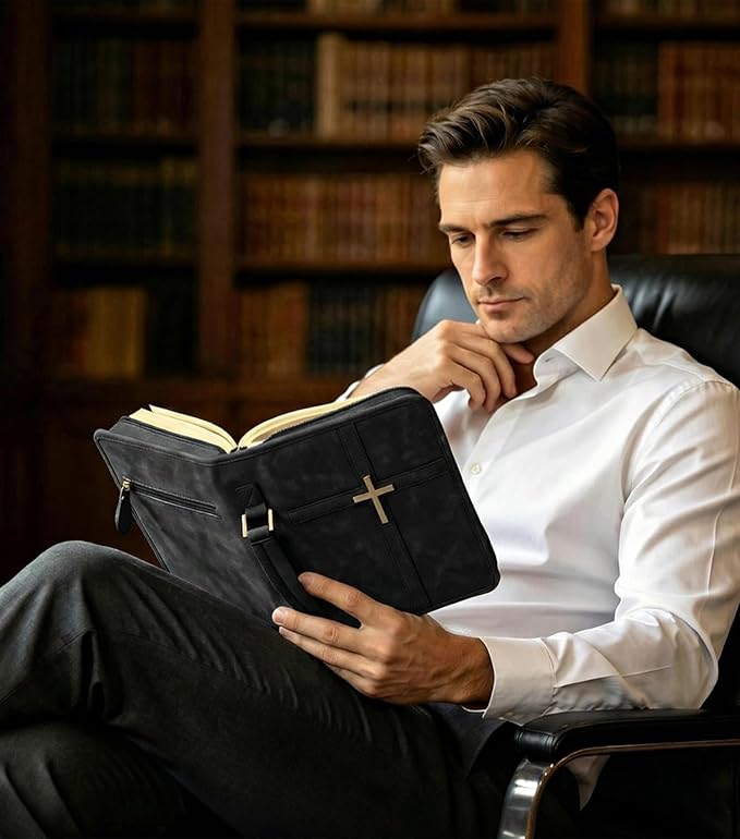 Vegan Leather Bible Cover for Men & Women, Bible Case with Gift Box, Christian Catholic Religious Bible Gifts (Black)