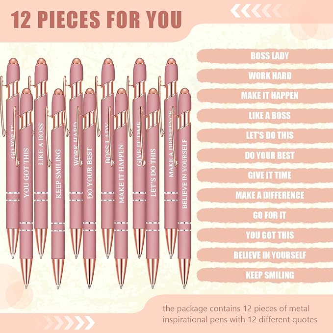 Zonon 12 Pcs Inspirational Pens Gift Set Funny Ballpoint Pen with Stylus Tip Motivational Graduation Gifts Bulk for Teacher Coworkers Nurse School Office Supplies(Rose Gold,Boss Lady)