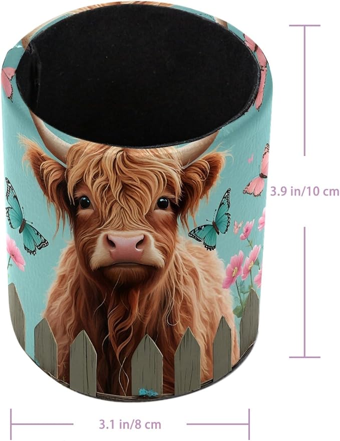 Leather Pen Holder for Desk, Highland Cow Floral Makeup Brushes Holder Pencil Cup Multifunctional Desktop Organizer Caddy for Home School Office Desk Accessories