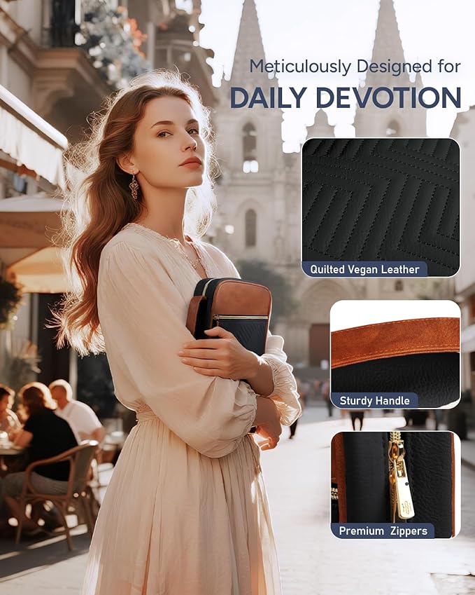 BellaHold Quilted Vegan Leather Bible Cover, Color-Blocked Bible Cover Case for Women, Bible Carrying Case with Handle, Bible Study Supplies & Christian Gift for Women (Black & Brown, TS/S)