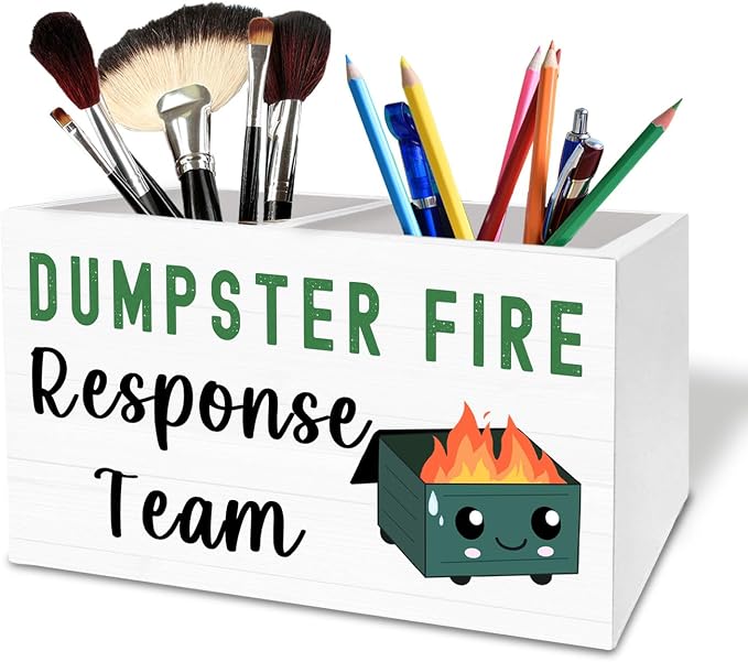 Funny Dumpster Fire Pen Holder for Desk, Dumpster Fire Response Team Wooden Box Sign Desk Decor for Office Decoration, Sarcastic Office Pencil Organizer, Funny Coworker Gifts