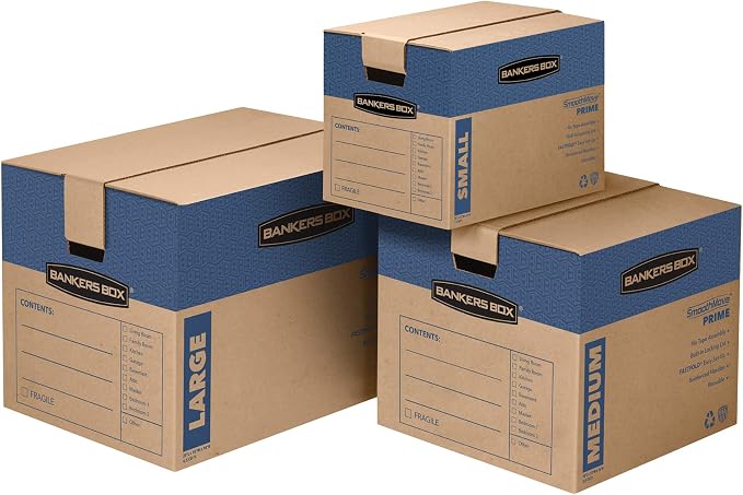 Bankers Box Medium Prime Moving Boxes, Tape-Free FastFold with Reinforced Handles and Attached Locking Lid (Pack of 15)