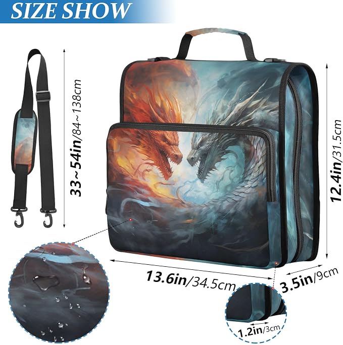 3 Ring Binder Zipper Binders Water-fire Dragons Expanding File Folder Bag with Shoulder Strap