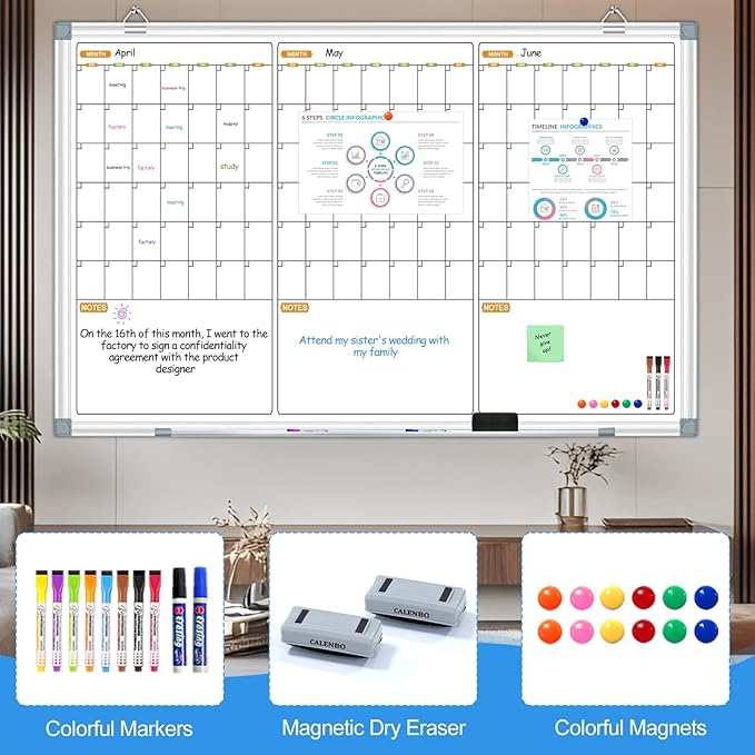 3 Month Wall Calendar Whiteboard, Quarterly Whiteboard Calendar for Wall, 48x28 Inch Magnetic Dry Erase Board, Wall Hanging Aluminum Frame with Tray for Home, School, Office
