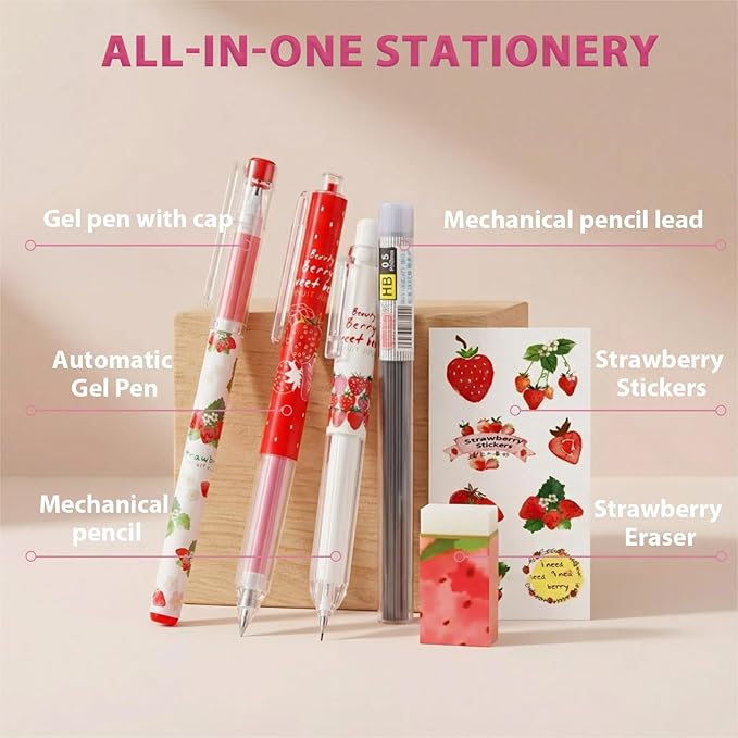Cute Strawberry Pens Set Include Kawaii 0.5mm Strawberry Mechanical Pencil,Mechanical Pencil Lead Refills,Erasers,Gel Pens,Stickers,Strawberry Stationery Set for Office School Supplies