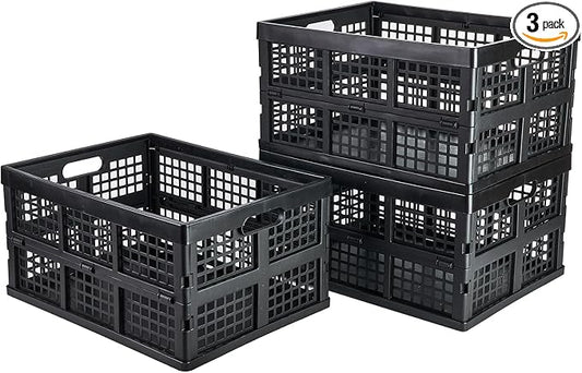 Aebeky 3-Pack Plastic Collapsible Storage Crates-30L,Foldable Plastic Crates for Storage (Black)