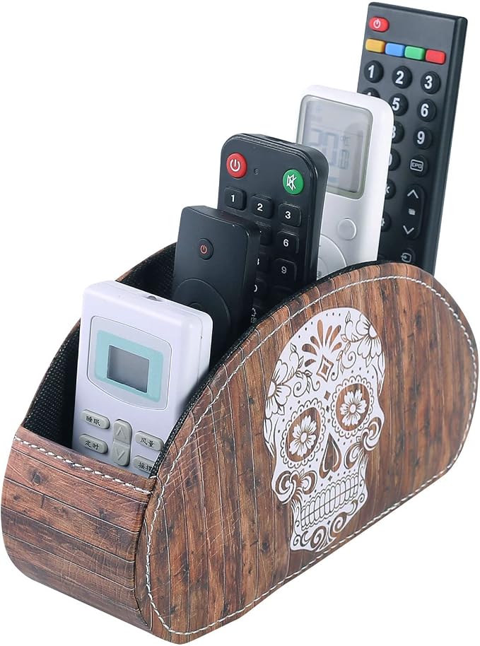 Remote Holder for Table, PU Leather TV Controller Holder with 5 Compartments, Remote Control Holder for Office Supplies, Wooden Look Sugar Skull Halloween Decor PH61
