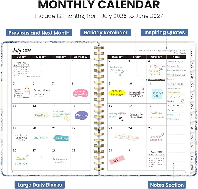 2026–2027 Academic Planner, Weekly and Monthly Planner for Women, July 2026 - June 2027, Pretty Hardcover 2026–2027 Academic Planner with Tabs, Inner Pocket, Spiral Bound, Perfect Office Home School Supplies - 6.3" x 8.5", Blue Elegance