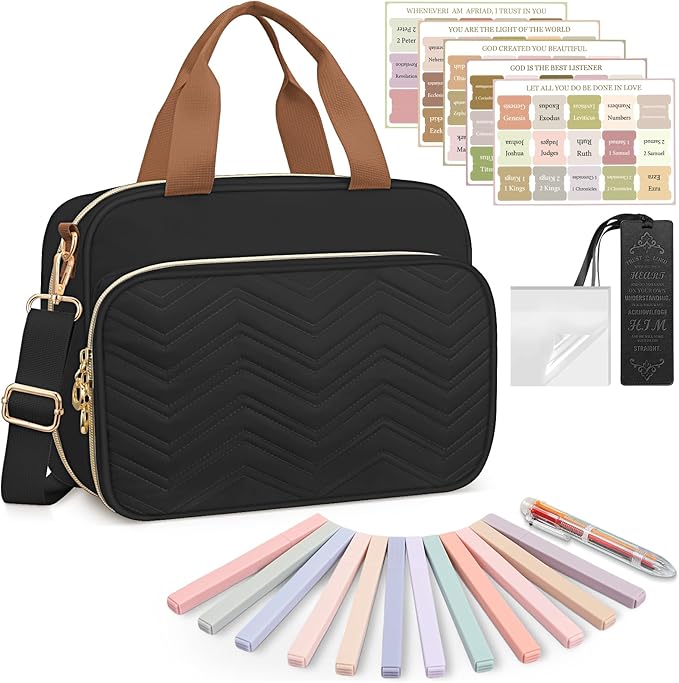 FINPAC Large Bible Cover Case for Women, Bible Study Supplies Journaling Kit with Shoulder Strap, Christian Gifts Church Bag, Black