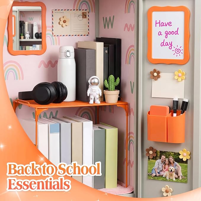 Colarr 16 Pcs Orange Locker Accessories for Girls Includes Magnetic Whiteboard & Mirror Locker Shelf Pen Holder 2 Dry Erase Marker & Eraser 9 Flowers for Back to School Essentials Decoration