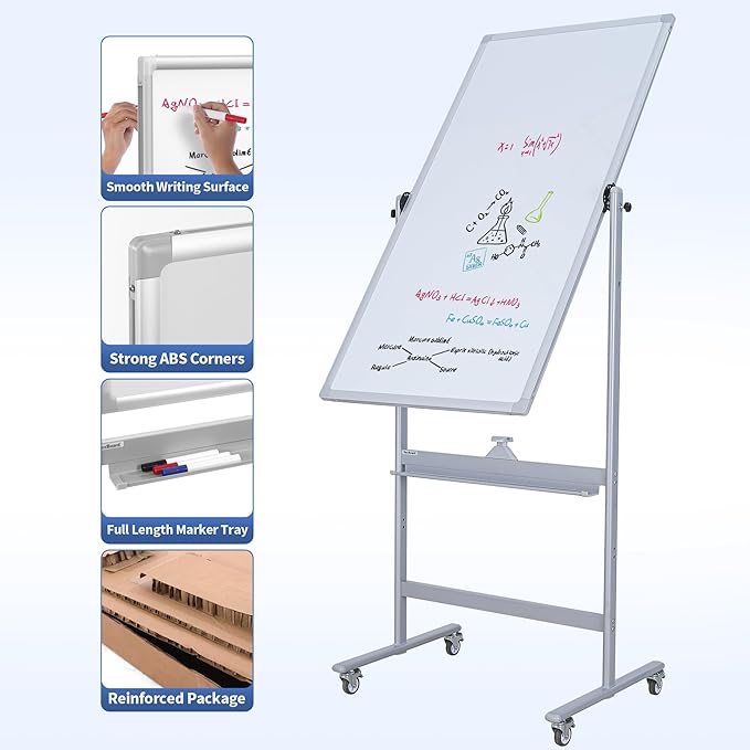 Double-Sided 40" x 28" Mobile Whiteboard with Wheels | Rolling Magnetic Dry Erase Board on Stand | Adjustable Height Silver Frame White Board for Office, Classroom & Home