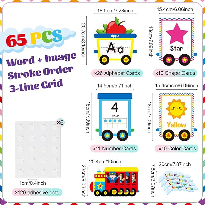 Train Alphabet Number for Classroom Wall Train Shaped Bulletin Board Manuscript Educational Cards ABC Letters Numbers Shapes Colors Poster for Preschool Elementary Early Learning Decor
