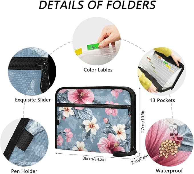 Expanding File Folder Pink Hibiscus Flower Accordion File Organizer 13 Pockets Document Organizer with Zipper Labels A4 Letter Office Storage