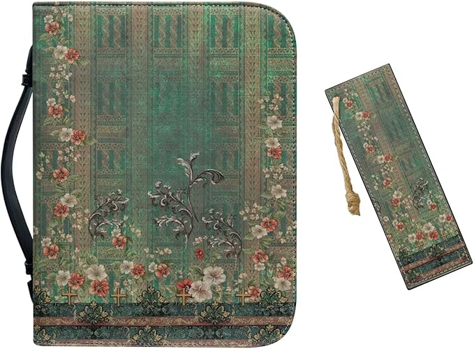 Leather Bible Covers for Women Small Size Bible Case for Grils Bible Bag Tote with Leather Bookmark,Vintage Boho Flowers
