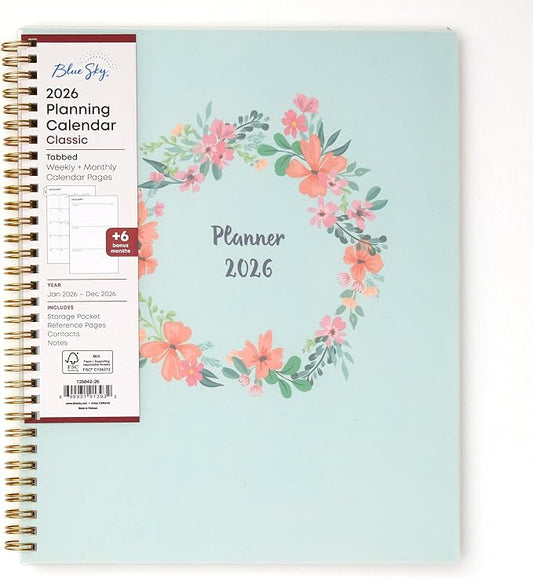 Blue Sky 2026 Weekly and Monthly Planner Calendar, January 2026 - December 2026, 8.5" x 11", Flexible Cover, Laminated Tabs, Durable Twin Wire Binding, Storage Pocket, Laurel