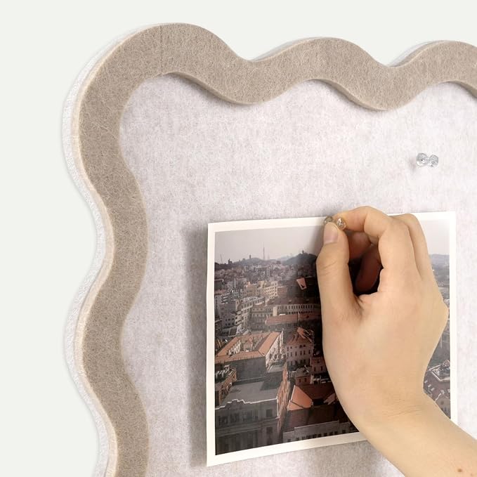 Scalloped Felt Bulletin Board, Sized 24" x 18" Felt Cork Board Alternative for Office & Wall Decor, Customizable Adhesive Tiles with Pins Hooks for Photo Display School Home Office, Oatmeal