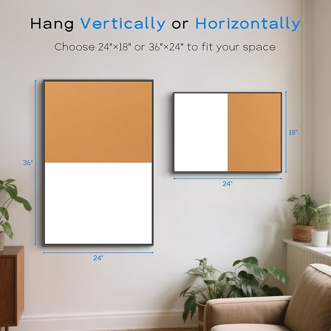 White Board Cork Board Combo, 24" x 18" Magnetic Dry Erase Board & Corkboard for Wall, Bulletin Board Vision Board for Home Office School, Black Aluminum Frame
