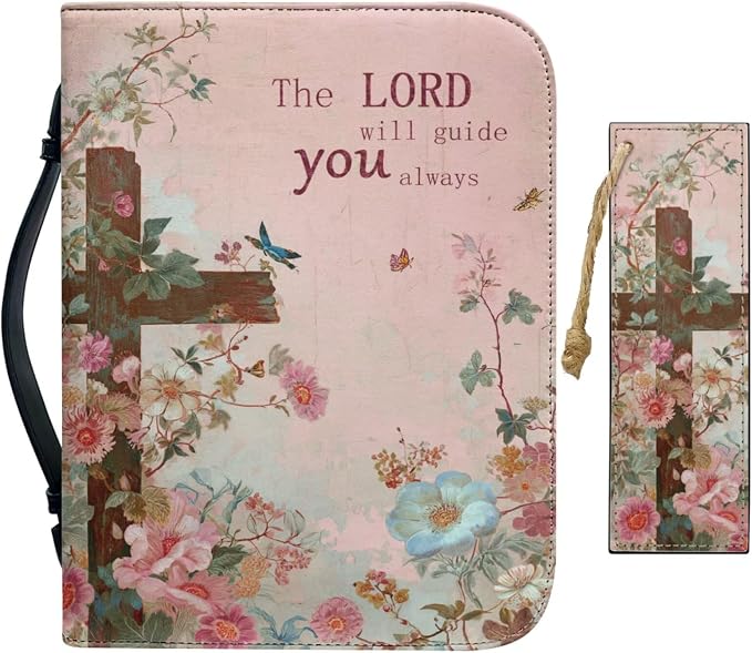 Retro Style Flowers and Cross Bible Case with Bookmark Waterproof Bible Cover Case for Women Lightweight Bible Bag with Handle Pockets Church Book Bag