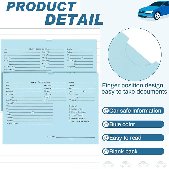 Watersay 120 Pcs 9 x 12 In Vehicle Dealer Jackets for Car Sales 32lb Colored Printed Deal Envelopes Dealership Supplies File Jackets Automotive Folders for Car Dealerships (Classic,Baby Blue)