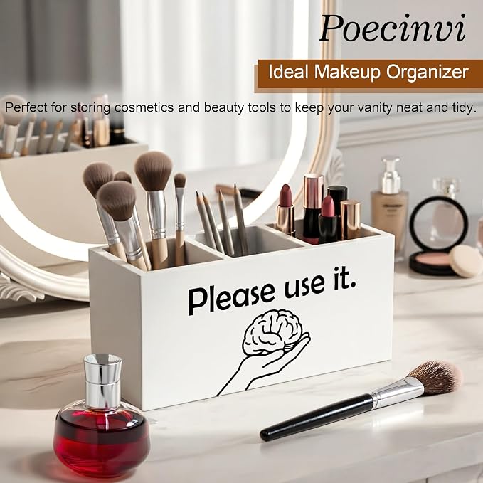 Sarcastic Funny Brain Pen Holder for Home Office Desk, Funny Office Gifts for Coworkers, Please use It Humorous Wooden Box Sign Pencil Holder for Desk Shelf Organizer