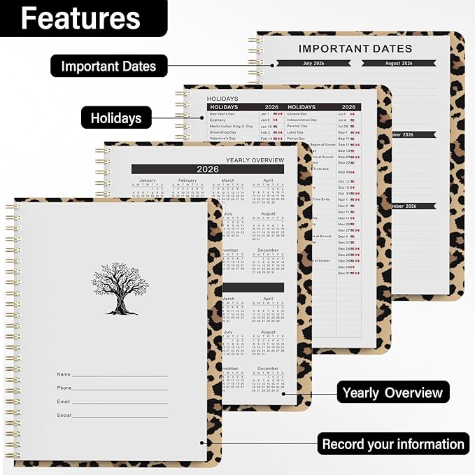 2026 Planner, Weekly and Monthly Calendar Planner for Women, 6.3" x 8.5", Jul 2026 - Jul 2027, Hardcover Planning Agenda book with Tabs, Spiral Bound, Inner Pocket, for School Office Supplies(Cheetah Spots)