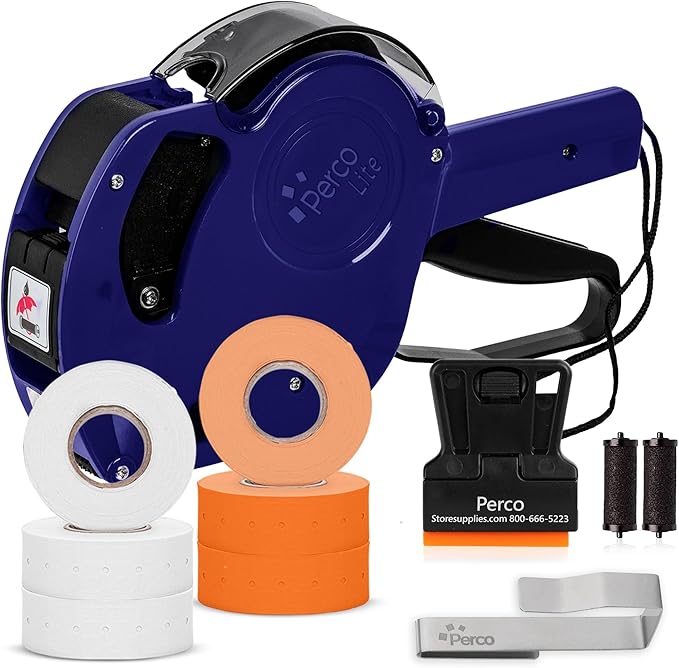 Perco Lite 1 Line Price Gun with Labels Kit - Includes 3 White Rolls, 1 Gun Clip, 3 Fluorescent Orange Rolls, 2 Ink Rollers, 1 Ink roll and Labels Pre-Loaded