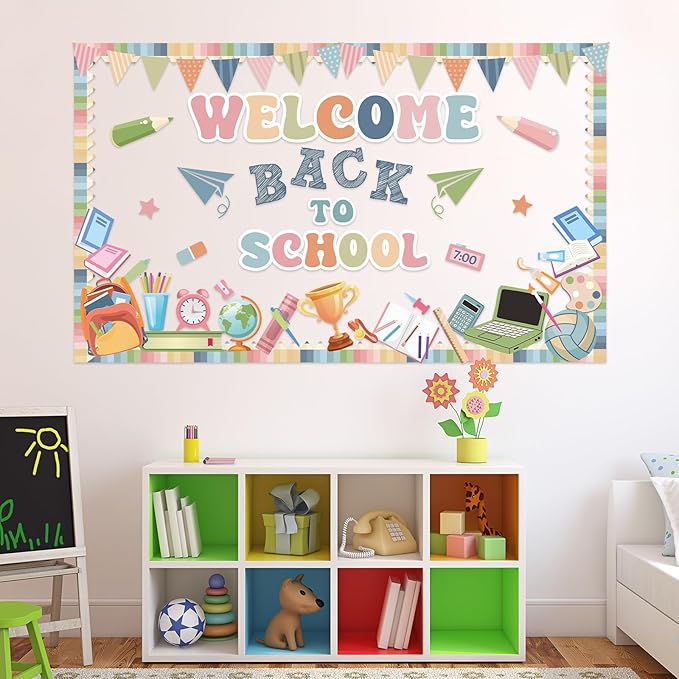 Boho Welcome Back to School Bulletin Board Set First Day of School Classroom Decorations Pencil Notebook Schoolbag Paper Cutouts for Teacher Preschool Elementary Classroom Chalkboard Wall Door Decor
