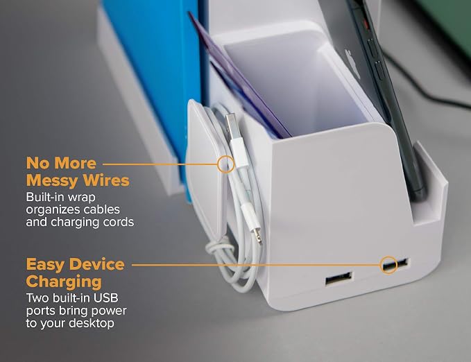 Bostitch Office Konnect Desk Organizer and Charging Station, 2 USB Ports & 2 Plugs, Charges Phones & Tablets, Accessory Tray, 4-Piece Design, White