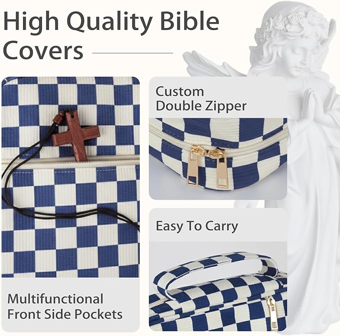 Bible Cover Case for Women Corduroy Bible Case for Girls Large Bible Cover with Handle Bible Study Supplies Accessories Christian Gifts for Women (Purple-Checkered, Medium)