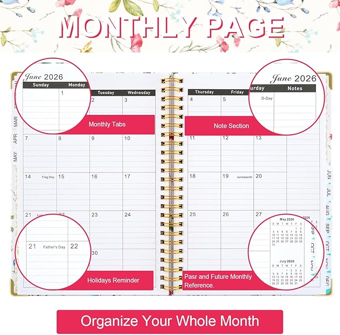 2026 Planner, Daily Weekly Monthly Planner with Tabs, 2026 monthly planner with Color Pen, Sticky Notes and Stickers, 6.2" x 8.5", Durable Twin Wire Binding, Storage Pocket - Floral Multicolor