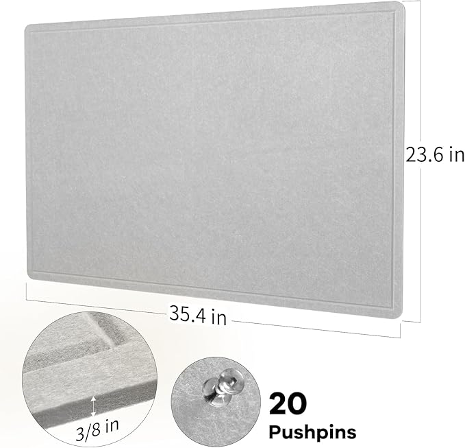 Lightomorrow Bulletin Board, 36 x 24 Inches Felt Pin Board, Cork Alternative for Wall, 3' x 2' Foldable Self-Adhesive Vision Board with 20 Pushpins - Light Gray