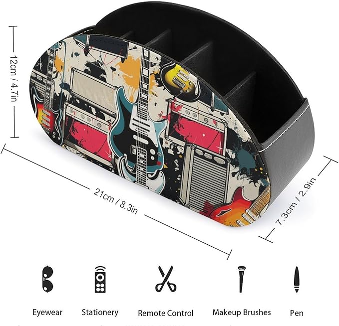 Rock Music Pattern Remote Control Organizer PU Leather Storage 5 Compartment Controller Holder Multi-functional Brush Organizer Box Office Supplies Caddy for Bedside