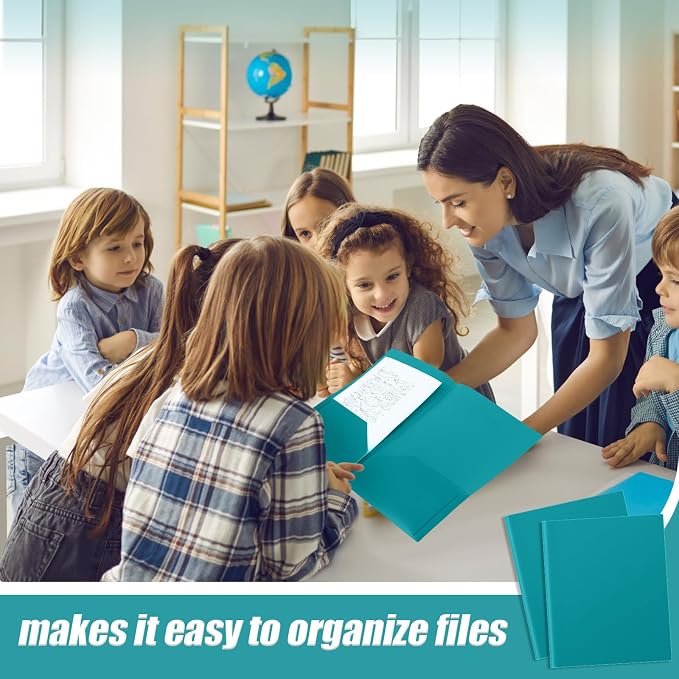 Gueevin 100 Pack Plastic Folder with Pockets, 2 Pocket Folders, Plastic Glossy Folders Fit Letter Size Paper, Heavy Duty Durable File Folder with Business Card for Home Office School (Turquoise Green)