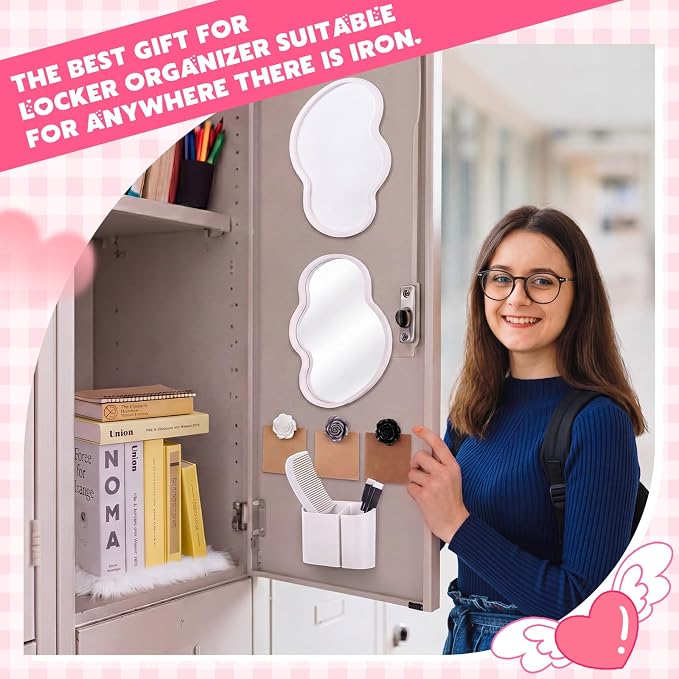 Sabary 10 Pcs Locker Accessories Kit Locker Decorations Supplies Including Magnetic Whiteboard Mirror Organizer Markers Rug Cute Flower Magnets and Comb for Office Back to School Essentials(White)