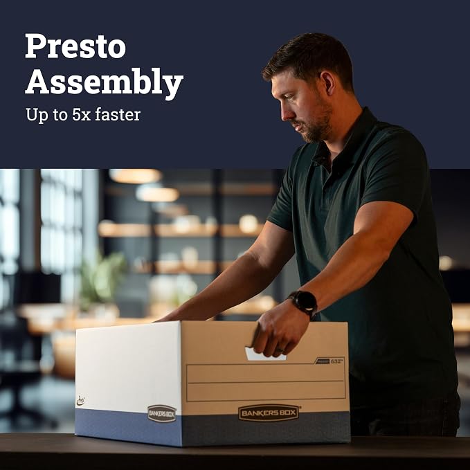 Bankers Box 12-Pack Presto Heavy Duty File Storage Boxes with Lids, Presto Assembly, 24 Inch Legal, (0063201)