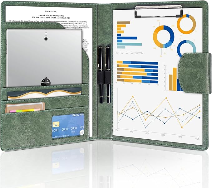 DIN A4 PU Leather Padfolio Clip Board, Clipboard Folder Portfolio,Magnetic Closure Business Clipboard with Cover Professional with 2 Pen,A4 Paper for Men Women, Dark Green